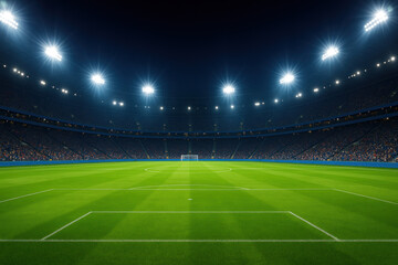 Fototapeta premium Players sprinting during a night soccer match at a vibrant stadium.