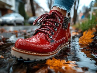 Red boots, autumn street puddle, rain