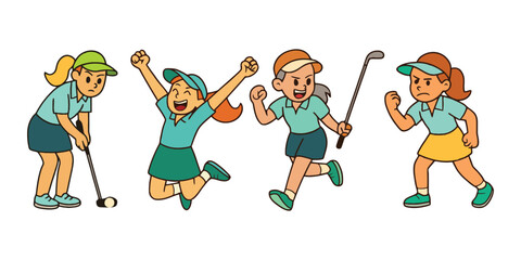 Cartoon Female Golfers Playing and Celebrating Set – Sports Character Vector Illustration
