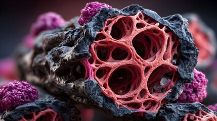 Red porous structure, microscopic view, research