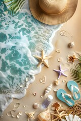 Tropical Beach Scene with Seashells and Sun Hat on Sandy Shore