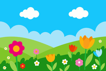 Cartoon spring meadow landscape with colorful flowers