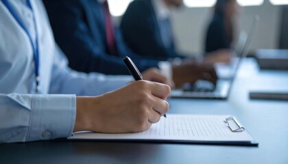 Professional Meeting with Note Taking and Technology in Modern Office Space