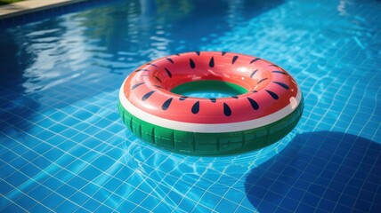 Inflatable Watermelon Ring Floating in Blue Swimming Pool