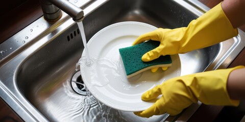 Washing Dishes with Gloves in Kitchen Sink