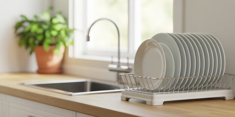 Clean Plates Drying on Rack in Modern Kitchen