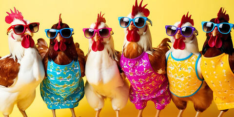 A group of stylish chickens in colorful sunglasses