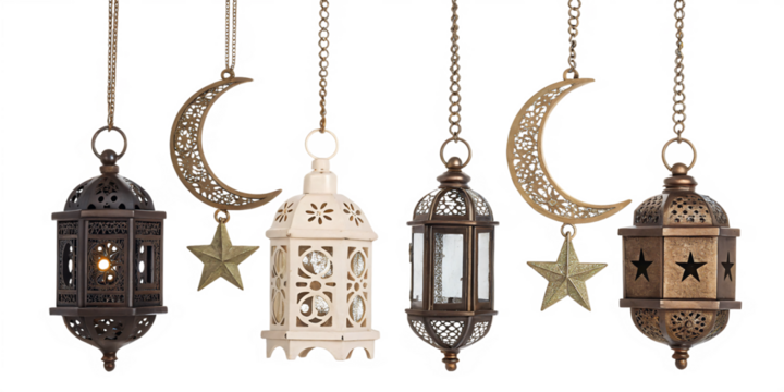 set of Ramadan, lanterns on chains with crescent moon and stars, isolated PNG transparent background
