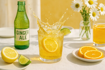 Glass of lemonade beside ginger ale bottle.