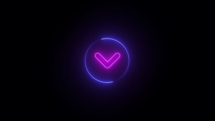 Neon glowing down arrow on black background.	
