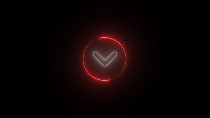 Neon glowing down arrow on black background.	
