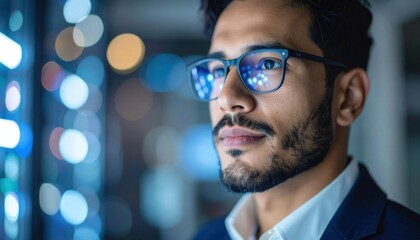 Professional with Glasses Gazing at Innovative Lighting System Concepts