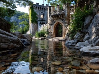 River, castle, ruin, reflection, summer, travel