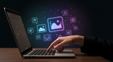 Hand on Laptop Keyboard with Floating Holographic Multimedia Icons - Digital Content Management, Creative Media, and Online Entertainment

