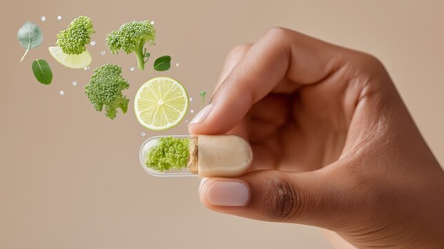 Close-up of a hand holding a dissolvable health cube with lemon and broccoli bursting out, representing functional nutrition and innovation in supplement delivery
