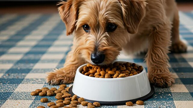 Adorable dog eating kibble on checkered floor with focused expression