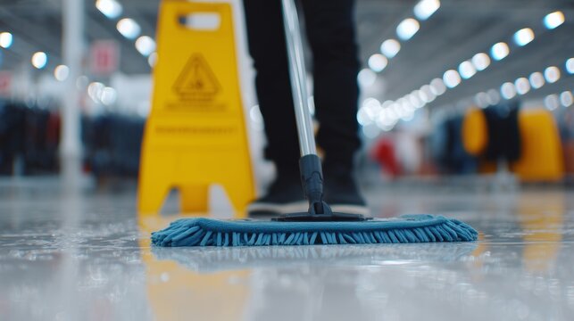 Janitorial Worker Mopping Tile Floor in Retail Store – Clean and Professional Scene