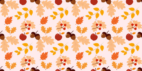 Autumn seamless pattern with oak leaves, acorns, apples and berries – editable background