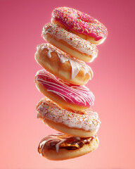 Six donuts with bright pink, white, and chocolate icing float in a vertical stack over a soft pink background with crumbs.