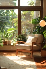 Fototapeta premium A newly renovated living room with minimalist-style furniture paired with greenery, soft sunlight streaming through large windows