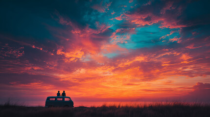Two silhouetted people sit on top of a camper van in a grassy field, watching an intense red and teal sunset sky.