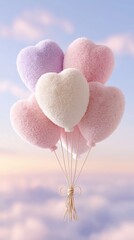 A bunch of plush-textured heart-shaped balloons rise at sunset, evoking warmth, affection, and gentle moments. Perfect for romantic themes or lifestyle visuals
