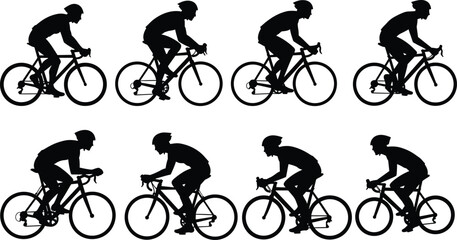 Obraz premium PrintCyclists silhouette, road bike positions, rider technique, athletic training, outdoor fitness, sport movement, male and female cyclists, cycling posture, vector graphic, health concept