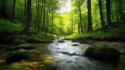Obraz premium Serene Forest Stream Lush Green Trees Mossy Rocks and Tranquil Water Flowing Through Nature