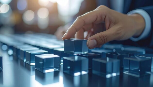 Hand Placing Transparent Cubes for Visual Merchandising and Display Planning