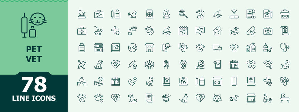 Pet Vet simple icon set. Minimalist icons collection. Animal Care icon collection. Contains related to pet shop, vet, animal, aid, pet, vaccine, pharmacy and more.