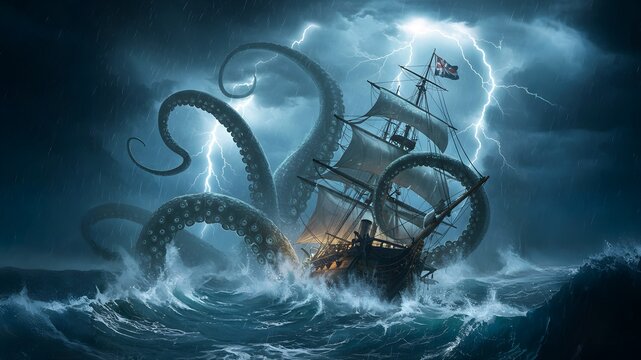 Illustration of a giant sea monster resembling a kraken whose tentacles surround and attack a sailing ship in a stormy, dark sea - Powered by Adobe