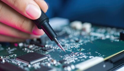 Engineer Soldering Circuit Board with Precision Tools in High-Tech Workspace