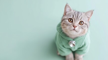 A silver tabby cat dressed as a veterinarian sits against a mint background wearing a green hoodie and stethoscope. This humorous pet costume portrait blends professionalism and play