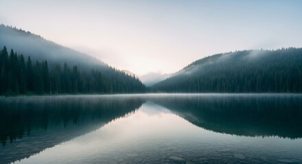 Fototapeta premium Serene Sunrise over Misty Mountain Lake A Breathtaking Landscape Photograph