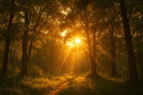 Sunlight streaming through trees along a forest path.