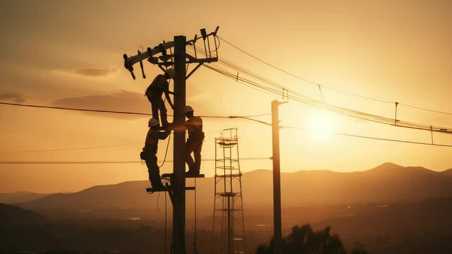 Sunset repair view: Electrical worker performs maintenance task beneath glowing sky, showcasing silhouette, evening light, tool use, line work, power fix, calm backdrop, utility task,