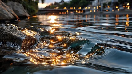River water sunset, city lights, flowing