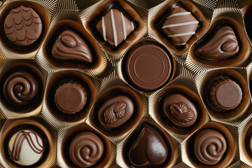 An overhead view of a luxurious gold box filled with an assortment of various milk and dark chocolates