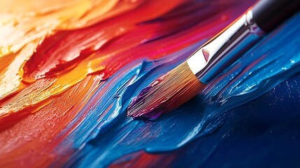 Fototapeta premium Vibrant Oil Paint Texture Close up of Artist s Brush Applying Thick Blue and Orange Hues