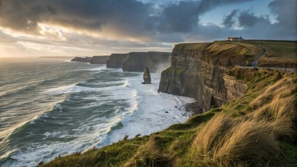 Dramatic coastal cliffs under cloudy sky during sunset at shoreline  