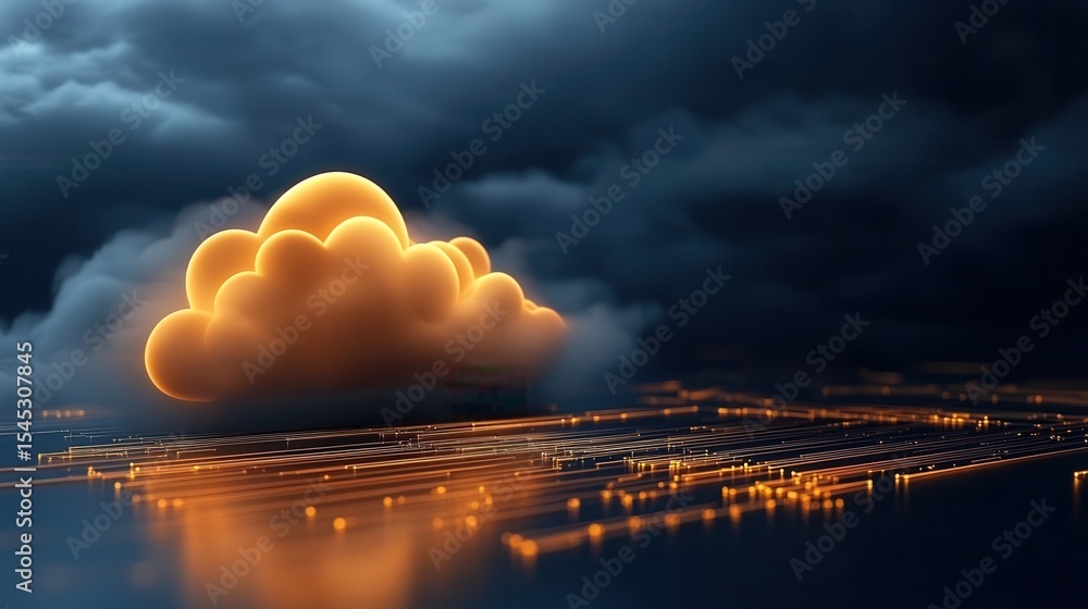 Poster a collection of luminous clouds emits a warm glow against a dark backdrop, with flowing light trails