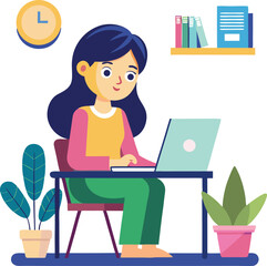 A  girl with laptop, woman working on laptop, a woman sitting a desk with a laptop, young woman working on laptop