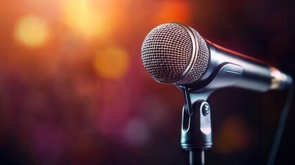 A vintage-style microphone stands prominently against a defocused abstract background, evoking the atmosphere of live karaoke and concert performances