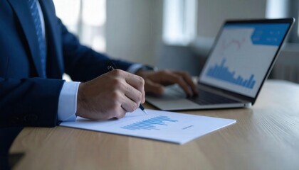 Analyst Reviewing Financial Data and Bonds on Laptop in Modern Office