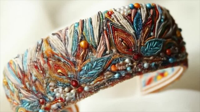 Colorful embroidered headband with floral designs and beads  