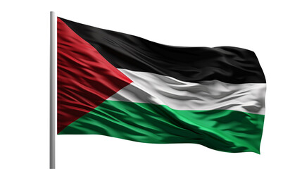 A waving palestine flag with red triangle black stripe white stripe and green stripe on black background