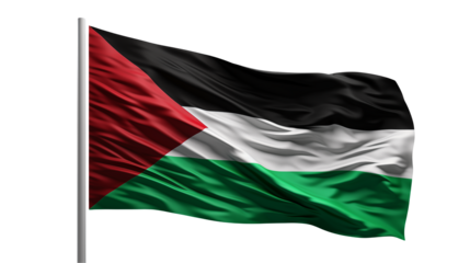 A waving palestine flag with red triangle black stripe white stripe and green stripe on black background