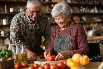 Senior couple prepares a meal together in cozy kitchen setting at home during the day, focusing on healthy vegetables and enjoying each other's company