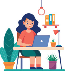 A  girl with laptop, woman working on laptop, a woman sitting a desk with a laptop, young woman working on laptop