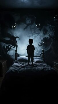 Dream fright scene: Child observes monster figure near wall, showing night panic, sleep fear, bedtime tension, quiet terror, eerie thought, shadow shape, nightmare vision, mental unrest, silent watch